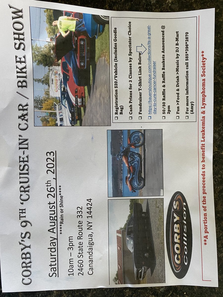 Car/Bike enthusiast….support Corbys Collision &amp; Leukemia/Lymphoma society by participating!  Corbys &amp; Ms Kraft have always been great supporters of our local sports teams!
