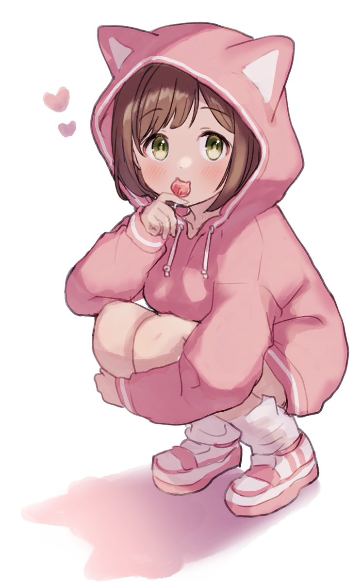 maekawa miku 1girl hood solo brown hair green eyes squatting animal hood  illustration images