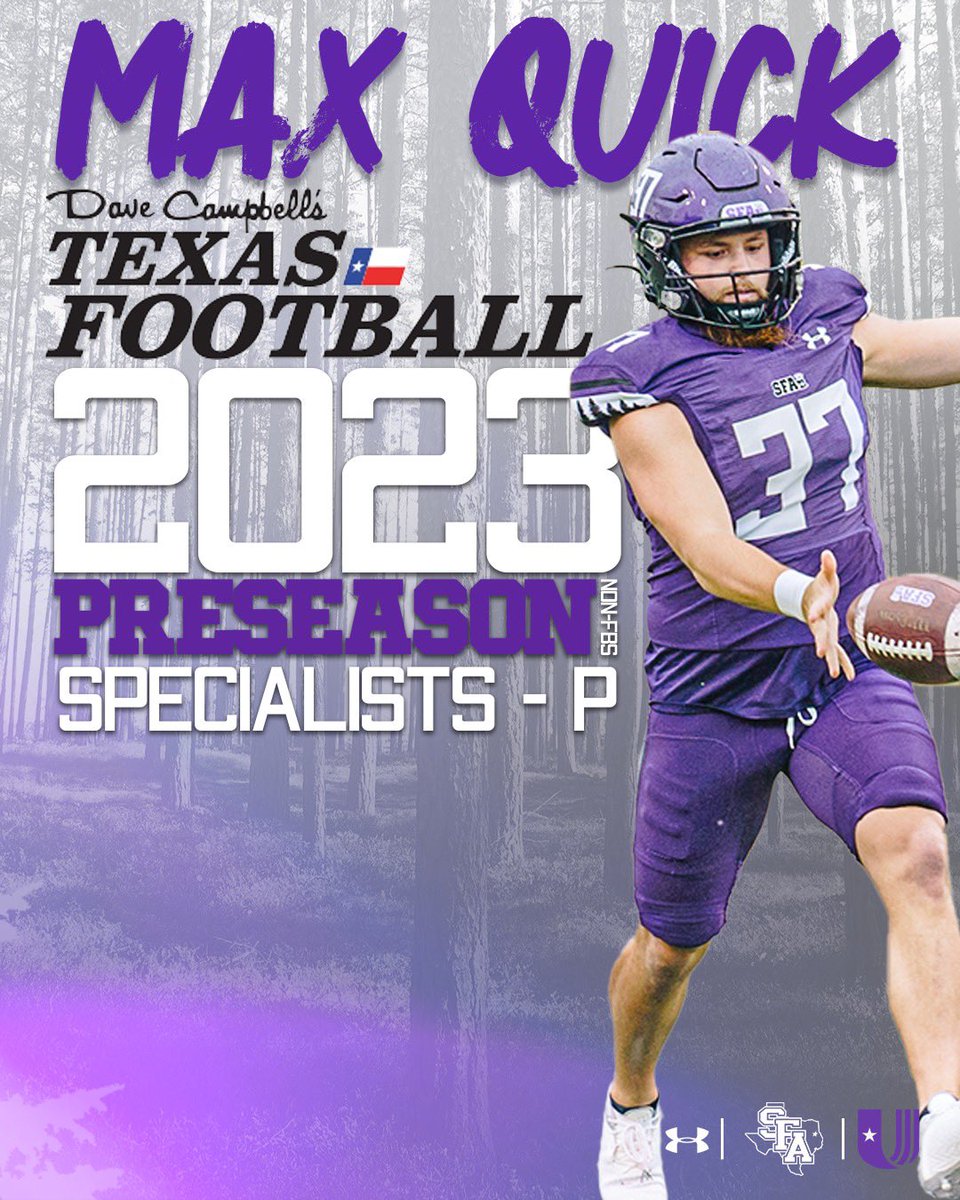 SFA_Football's tweet photo. Who doesn’t love a Quick Punter 😅

Congratulations @quicky37 on being named one of the best Punters in Texas! 🪓

#AxeEm x #RaiseTheAxe https://t.co/wxfKH4HgJO
