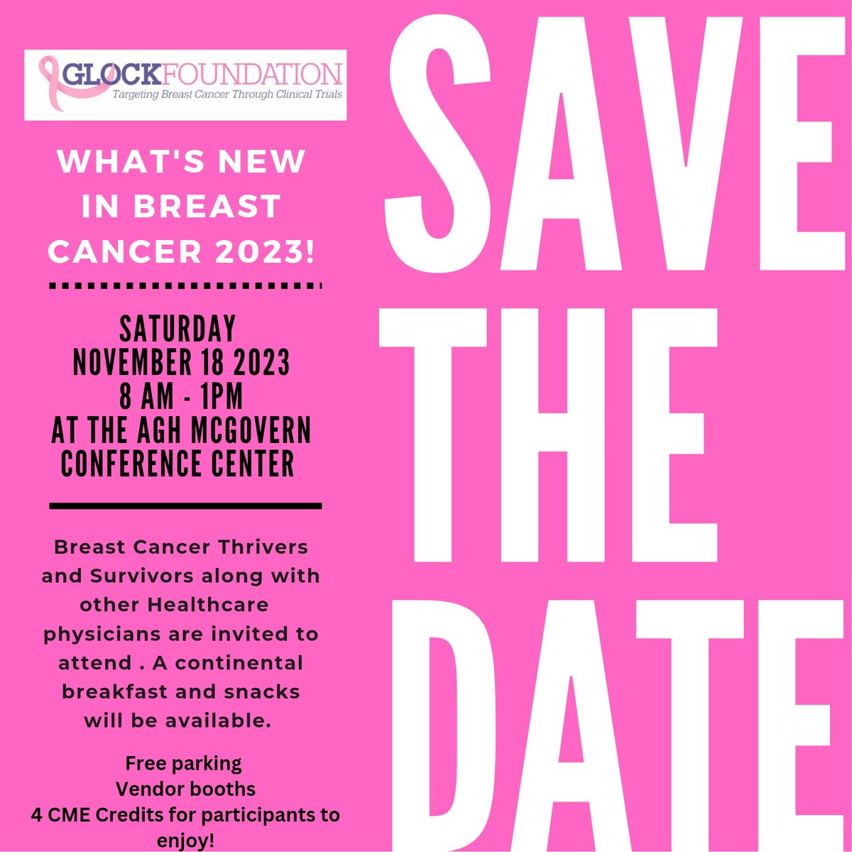 Mark your calendar for our "What's New in Breast Cancer 2023" Glock Foundation Seminar!  💜 You don't want to miss it!