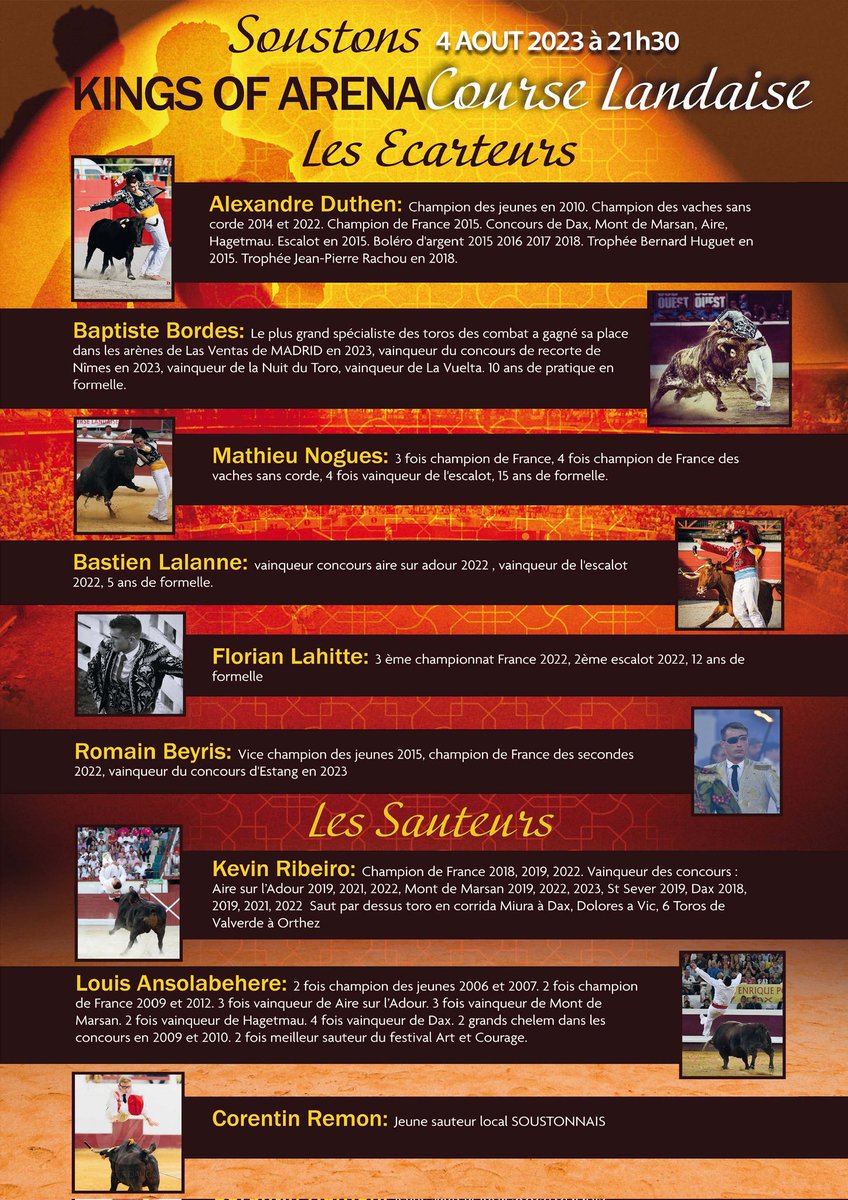 SOUSTONS,
Vendredi 4 Août 2023 à 21h30,
KING OF ARENA
Lien :
pickwicq.fr/fr/kings-of-ar…

Photos et Actualité :
pickwicq.fr/fr/voir-les-ph…

Les spectacles :
pickwicq.fr/fr/spectacles-…
