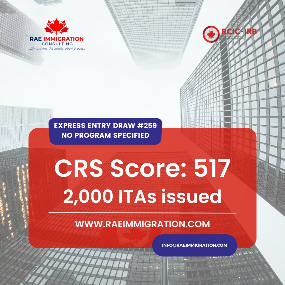 📢 Exciting news! The Ministerial Instructions #259 Express Entry draw has just been released. 🌟 A total of 2,000 invitations have been issued to candidates with a minimum CRS score of 517. ✨ #ExpressEntry #PermanentResidence #RAEImmigration