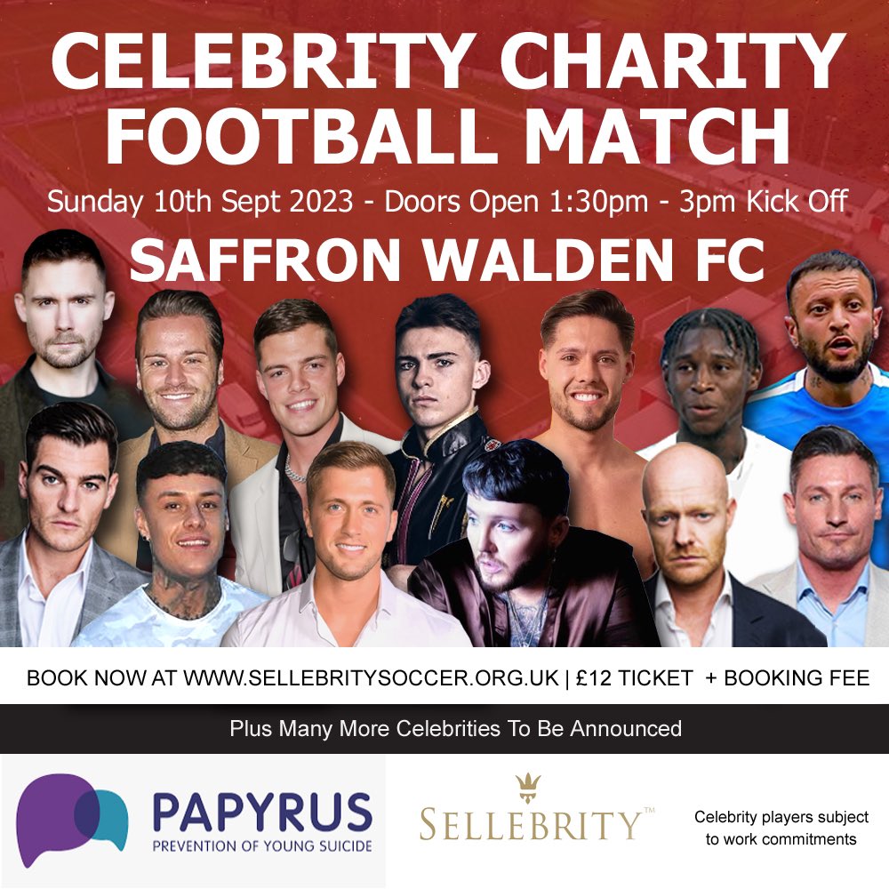 📆 SUN 10TH SEPT 2023
📍SAFFRON WALDEN TOWN  FC 

Book your tickets for our huge celebrity charity match at Saffron Walden Town FC raising funds for <a href="/PAPYRUS_Charity/">PAPYRUS</a>  ⚽️⚽️

Main shirt sponsor <a href="/XCSDesigns/">XCSDesigns</a> 

Book your tickets now at eventbrite.co.uk/e/celebrity-ch…
