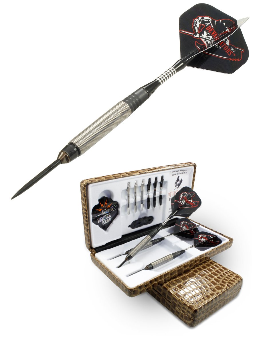 bottelsendarts's tweet photo. The Devastators™ Hammer Head® darts line by @bottelsendarts will leave your opponent fully devastated in defeat. From 23, 25 &amp; 27 grams to smooth, Coarse Knurl, Edge Grip™, Gorilla Grip™ and SharkSkins™ finishes, you choose which to use on the competition. https://t.co/7BbCoSngDC