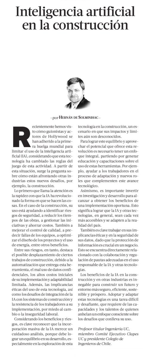 hdesolminihac's tweet photo. Comparto columna “Inteligencia Artificial en la construcción” hoy el @pulso_tw @latercera 
https://t.co/7cyRICmlH2 https://t.co/FXa3DkrV9U