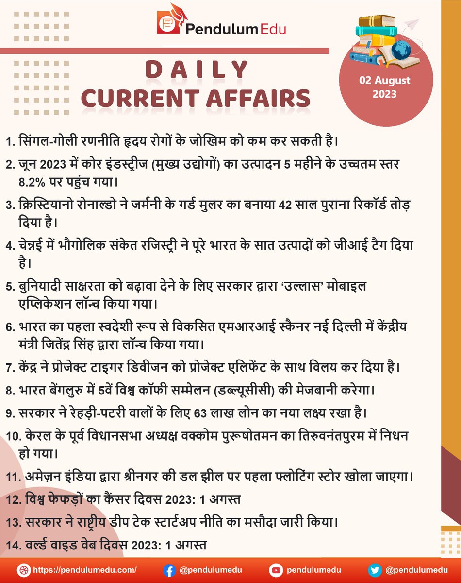 pendulumedu's tweet photo. Read Daily Current Affairs of 2 August 2023 in Hindi - https://t.co/sQkwXgBLtO
#currentaffairsinhindi #GKNews #latestnews #singlepillstrategy #coreindustriesoutput #cristianoronaldo #geographicalindicationsregistry #ullasmobileapplication #mriscanner #projecttigerdivision #upsc https://t.co/w2IOVeiwfB