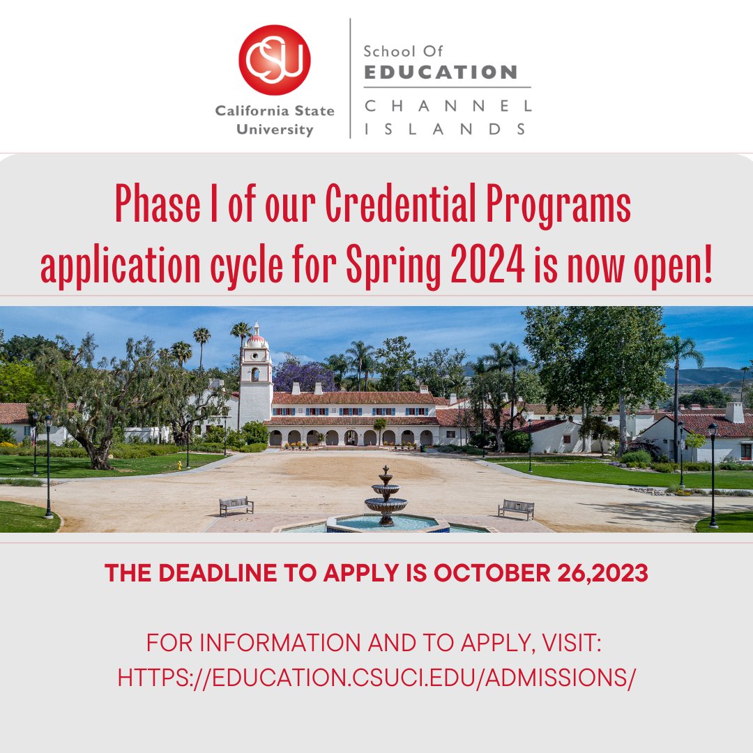 csuci_soe's tweet image. Phase I of our Credential Programs application cycle for Spring 2024 is now open! The deadline to apply is October 26, 2023. For more information and to apply, follow this link: lnkd.in/gEZ54DwB @csuci @thecsu 
#credentialing #teachingcredential #csu #csuci