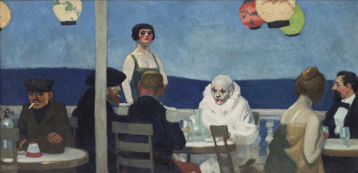 historyinmemes's tweet photo. In "Soir Bleu," Edward Hopper's anxiety about his career takes the form of a sad clown smoking a cigarette. Painted in 1914, four years after his last trip to Paris, "Soir Bleu" was created during a period of professional disillusionment for Hopper. He painted "Soir Bleu" in New York in 1914 after visiting Paris four years prior. The painting offers a glimpse of Parisian life from an outsider's perspective. Unlike most of his other artworks featuring cityscapes or landscapes, "Soir Bleu" focuses more on the human subjects who all appear to be French but are very different from one another.

On the far left is a working-class man wearing a hat and smoking a cigarette. In the background, outside of the café, is a sex-worker looking at the other subjects, perhaps searching for her next client. The clown or pierrot is in the center of the painting, sharing a table with two other gentlemen engaged in conversation. The one sitting behind the pole always reminds me of Vincent van Gogh. On the far right, we can see a well-dressed couple who belong to the bourgeoisie.

Hopper visited Paris during a time of optimism, peace, and economic prosperity. Despite this, there is a distinct sense of melancholy and sadness that pervades his painting. Or perhaps it is the feeling of calm just before the impending doom and destruction that is to come with the beginning of World War 1.