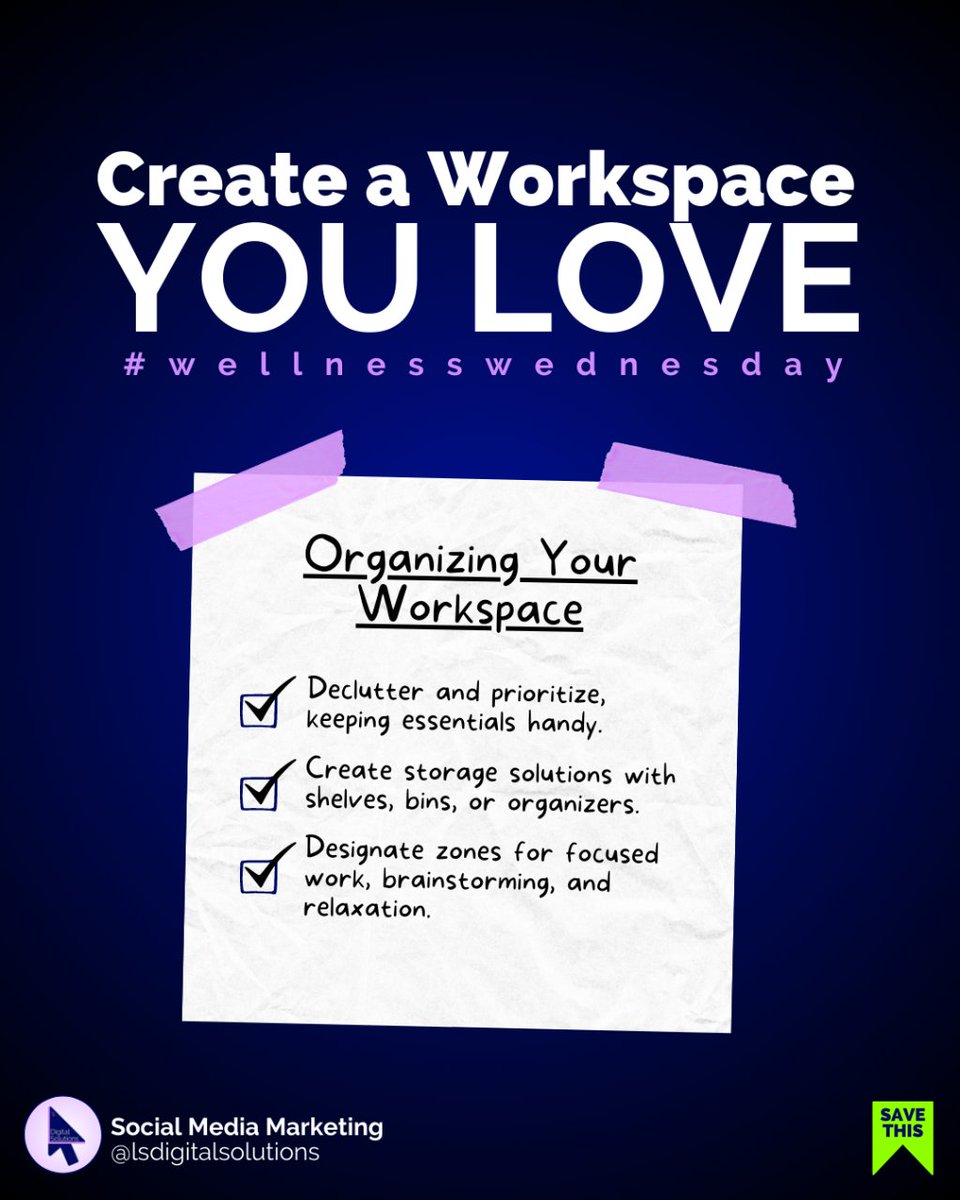 lsdgtlsltns_'s tweet image. Maximize productivity and minimize stress with an organized workspace you love! 🫶
Keep essentials within reach and utilize storage solutions like shelves or file organizers. Create designated zones for different activities. #WellnessWednesday #OrganizedWorkspace ✨