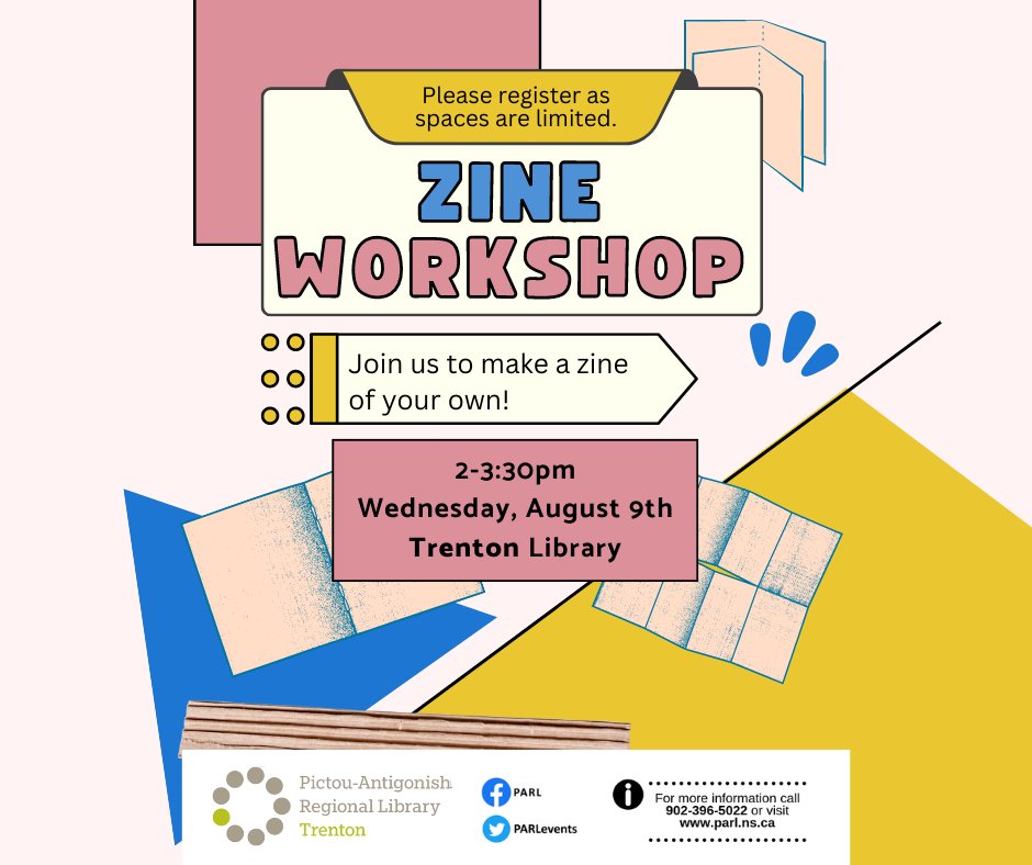 Make a zine or mini book yourself from scratch on Wednesday, 9 August 2023 at the Trenton Library. Space is limited, so please let us know you're coming - just call 752-5181. See you there!