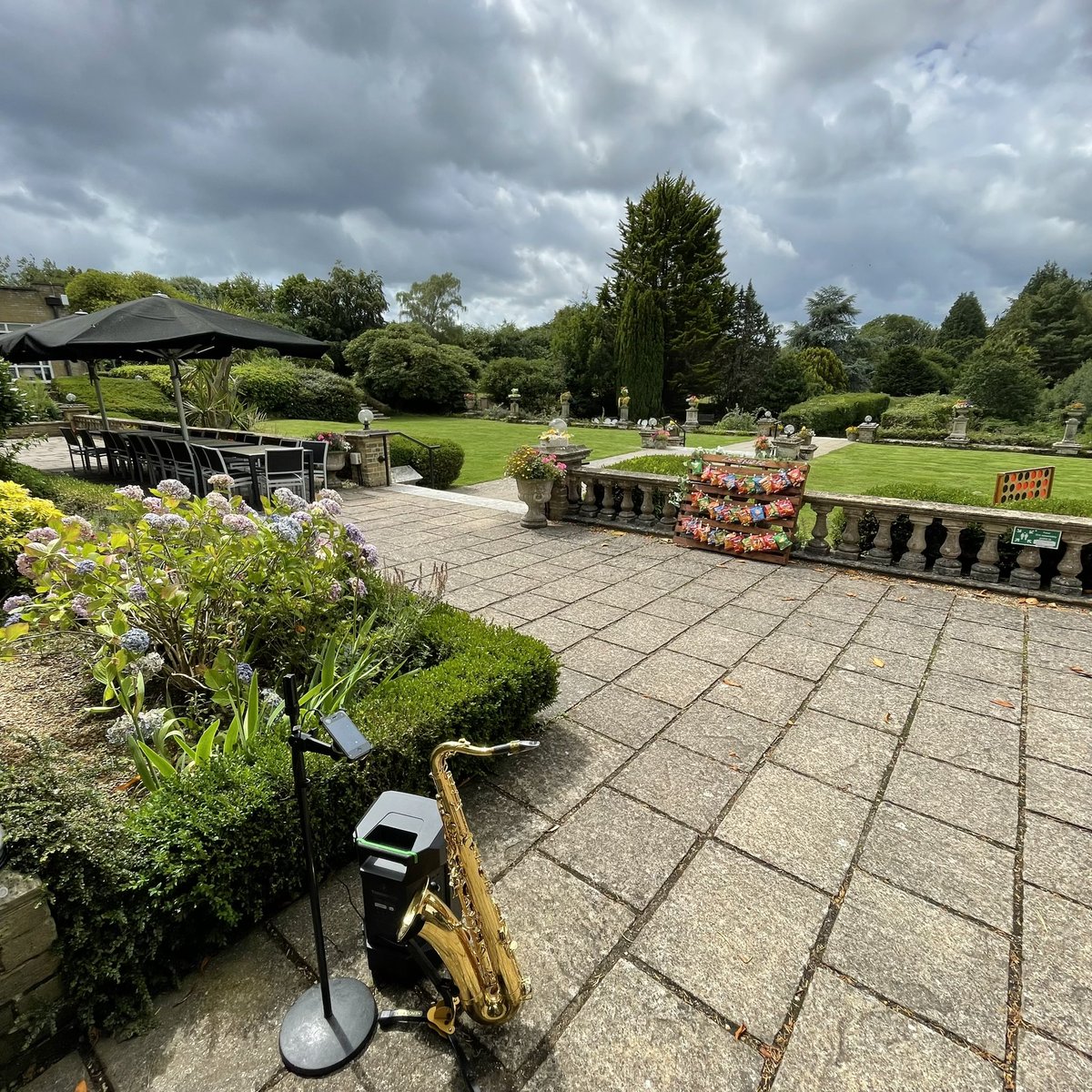 dinnerjazzsax's tweet photo. It rained just before I played &amp; started again just after I’d finished but in between, we had lovely sunshine on Saturday @BWChilworth where I was playing for Steph &amp; Ben’s drinks reception. https://t.co/RJrf0z2YAC