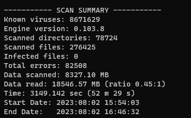 BHT_bet's tweet photo. ClamAV latest scan results. https://t.co/94LqqUiemn