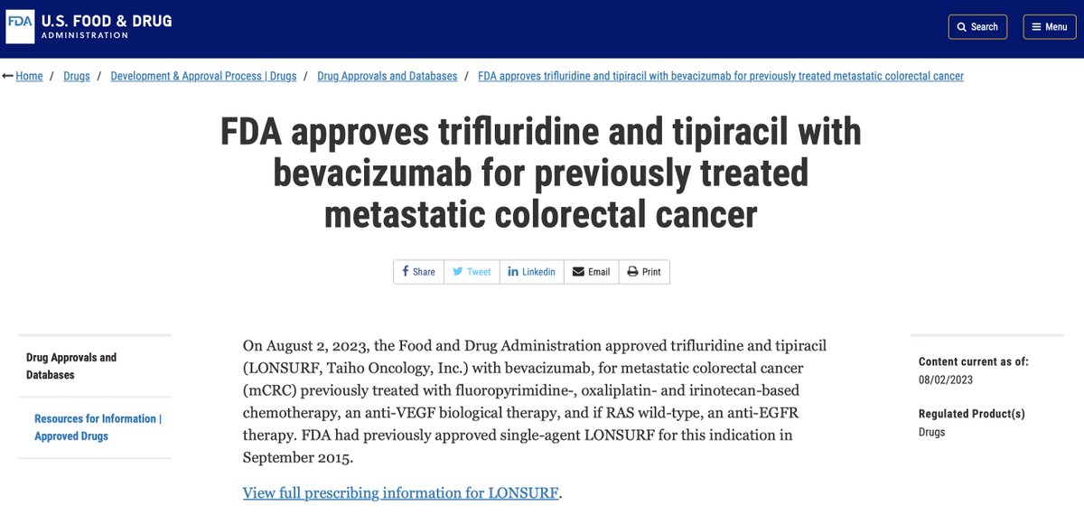 FDA approves trifluridine and tipiracil with bevacizumab for previously treated metastatic colorectal cancer 👉based on SUNLIGHT (NCT04737187) 👇fda.gov/drugs/drug-app… @myESMO @OncoAlert