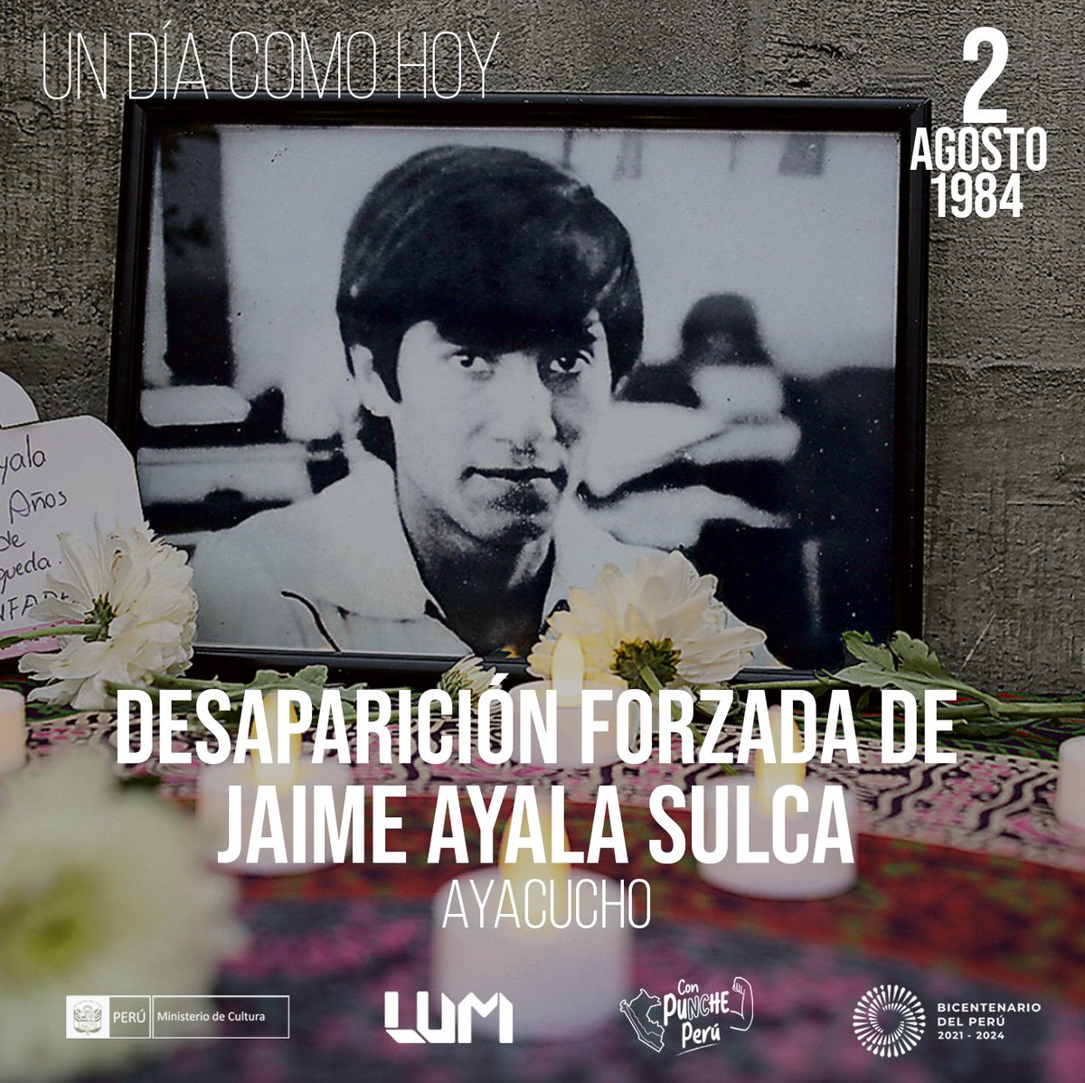 LUMoficial's tweet photo. #UnDíaComoHoy #LUMdignifica la memoria del periodista Jaime Boris Ayala Sulca, desaparecido forzadamente por miembros de las fuerzas militares el 2 de agosto de 1984 en Huanta (Ayacucho). https://t.co/AatG6pP8tb