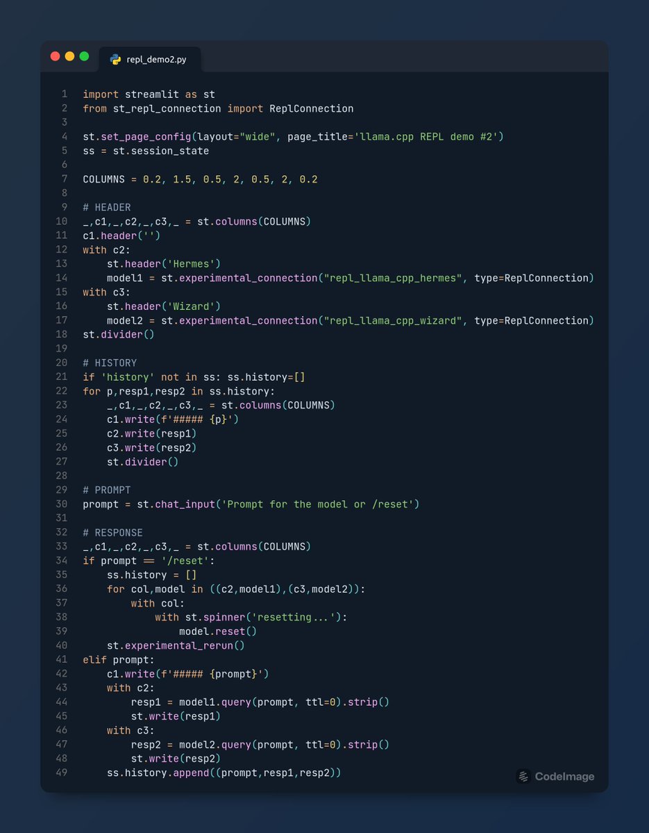 datageek_ai's tweet photo. Damn, I really enjoy using my st_repl_connection!

I can chat with two local 13B GGML models at once and the app to do this is just ~50 lines!

@Streamlit and llama.cpp = 🔥🔥🔥!

#StreamlitHackathon https://t.co/OSUvirEsgp