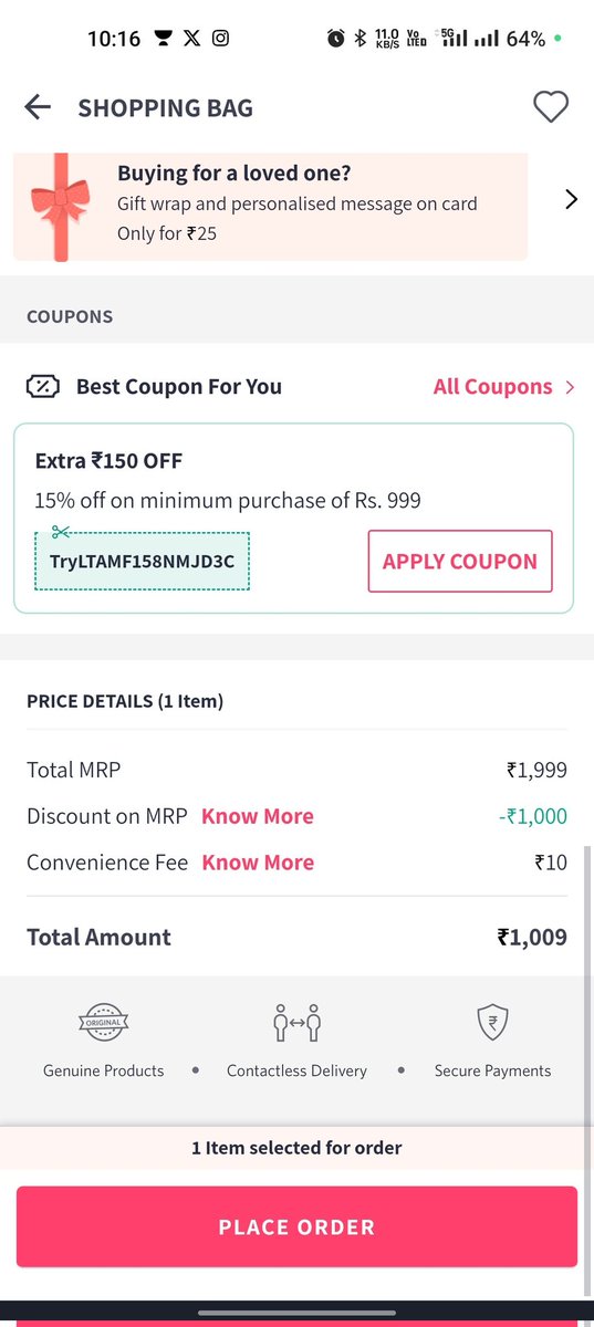 dshukla440's tweet photo. @myntra @indiflashmart what's this🧿

 Before coupon Convenience fee 10 rupees &amp; after coupon Convenience fee turned into 99 rupees 😂🤣 #SCAM #myntra #LoL https://t.co/2rdfkqRKyf