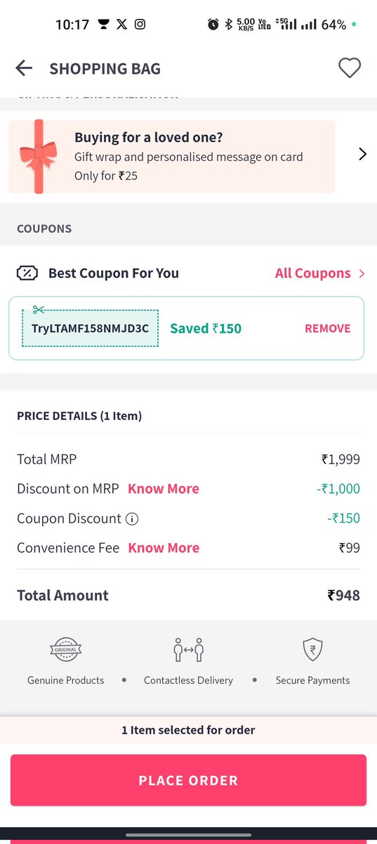 dshukla440's tweet photo. @myntra @indiflashmart what's this🧿

 Before coupon Convenience fee 10 rupees &amp; after coupon Convenience fee turned into 99 rupees 😂🤣 #SCAM #myntra #LoL https://t.co/2rdfkqRKyf