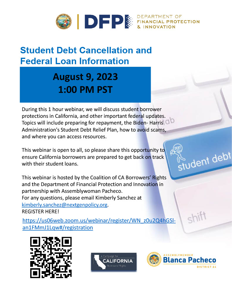 CDamianCAombuds's tweet photo. Please join us next week for the first of a series of student loan webinars hosted by Legislative offices throughout California. Let's help Californians get #backontrack! 
@CaliforniaDFPI @NextGen_Policy @YoungInvincible @DebtCrisisOrg @theSBPC https://t.co/hxuO6QbiGn
