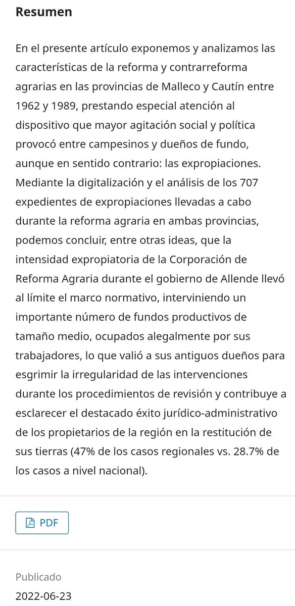 Estimadas y estimadas compartimos el siguiente artículo.

Los fundos en disputa: expropiación y restitución de tierras durante la reforma y contrarreforma agrarias en las provincias de Malleco y Cautín.

👇👇👇👇👇👇

revistanortegrande.uc.cl/index.php/RGNG…