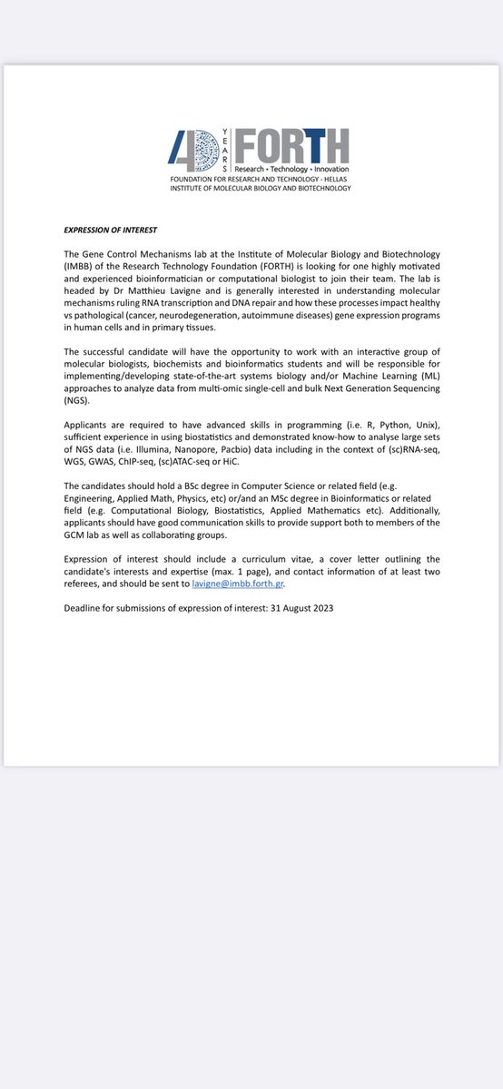 🎯Exciting news for the Gene Control Mechanisms lab @IMBB_FORTH: We have secured funding to recruit a bioinformatician or a computational biologist to analyse multi-omic data and decipher molecular mechanisms ruling RNA transcription and DNA repair in human health vs pathology!