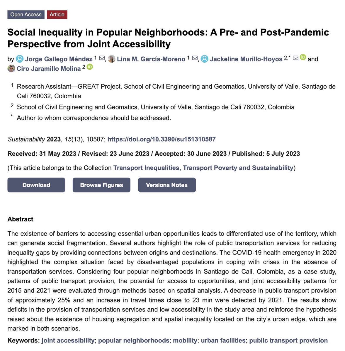 PopuLabCali's tweet photo. 📢Nuestro equipo de #Movilidad publicó el art. "Social Inequality in Popular Neighborhoods: A Pre- and Post-Pandemic Perspective from Joint Accessibility" en @Sus_MDPI 🥳 
👉https://t.co/xuCDmupVb7
El 1ro. de una serie sobre @GreatOffgrid en #Cali 
🗣️Leételo! #OpenAccess https://t.co/cfEtR5RD0l