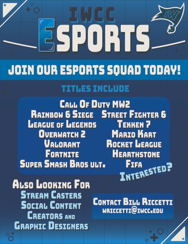 IWCCEsports's tweet photo. Less than 3 weeks until classes start!

We are still recruiting for this Fall and Spring.

Anyone joining us this year? Check out the titles we are offering and reach out to join our squad! https://t.co/PfUS9pqt1e
