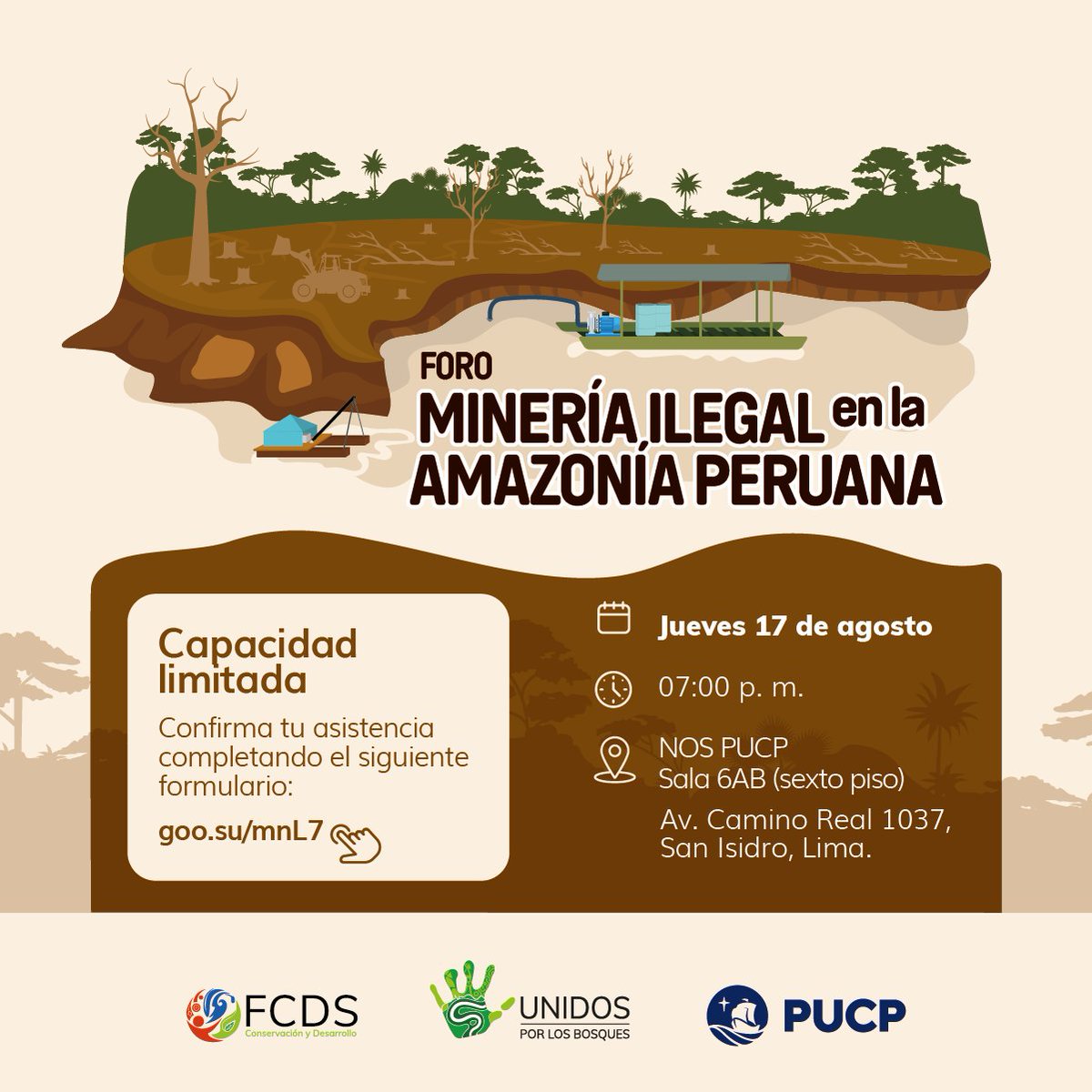 FCDS_Peru's tweet photo. 📢 #UnidosPorLosBosques, de la @FCDS_Peru, y la @pucp se unen para presentar este foro con el propósito de contribuir al análisis de la #MineríaIlegal en la #Amazonía peruana e impulsar mecanismos para su atención efectiva.

Entérate más aquí 👉 https://t.co/XwdYDbNeEi https://t.co/M0CogWoMF2