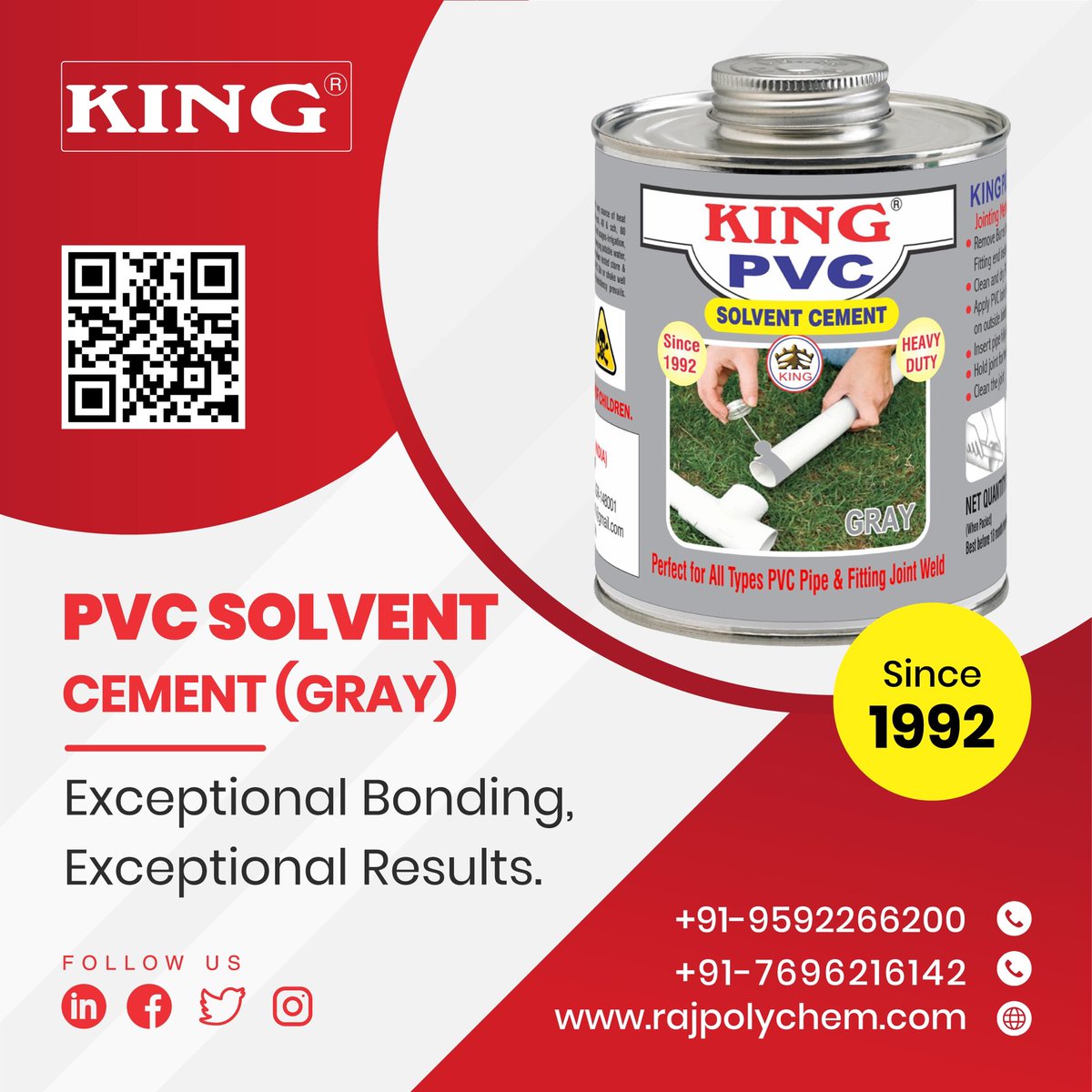 rajpolychem's tweet image. "31 years of serving you the strongest bonds! Choose King PVC Solvent Cement for reliable, durable connections. Quality fit for royalty!”

For more info visit: rajpolychem.com

 #KingPVC #SolventCement #PlumbingSolutions #Since1992 #LeakFree #QualityAssured