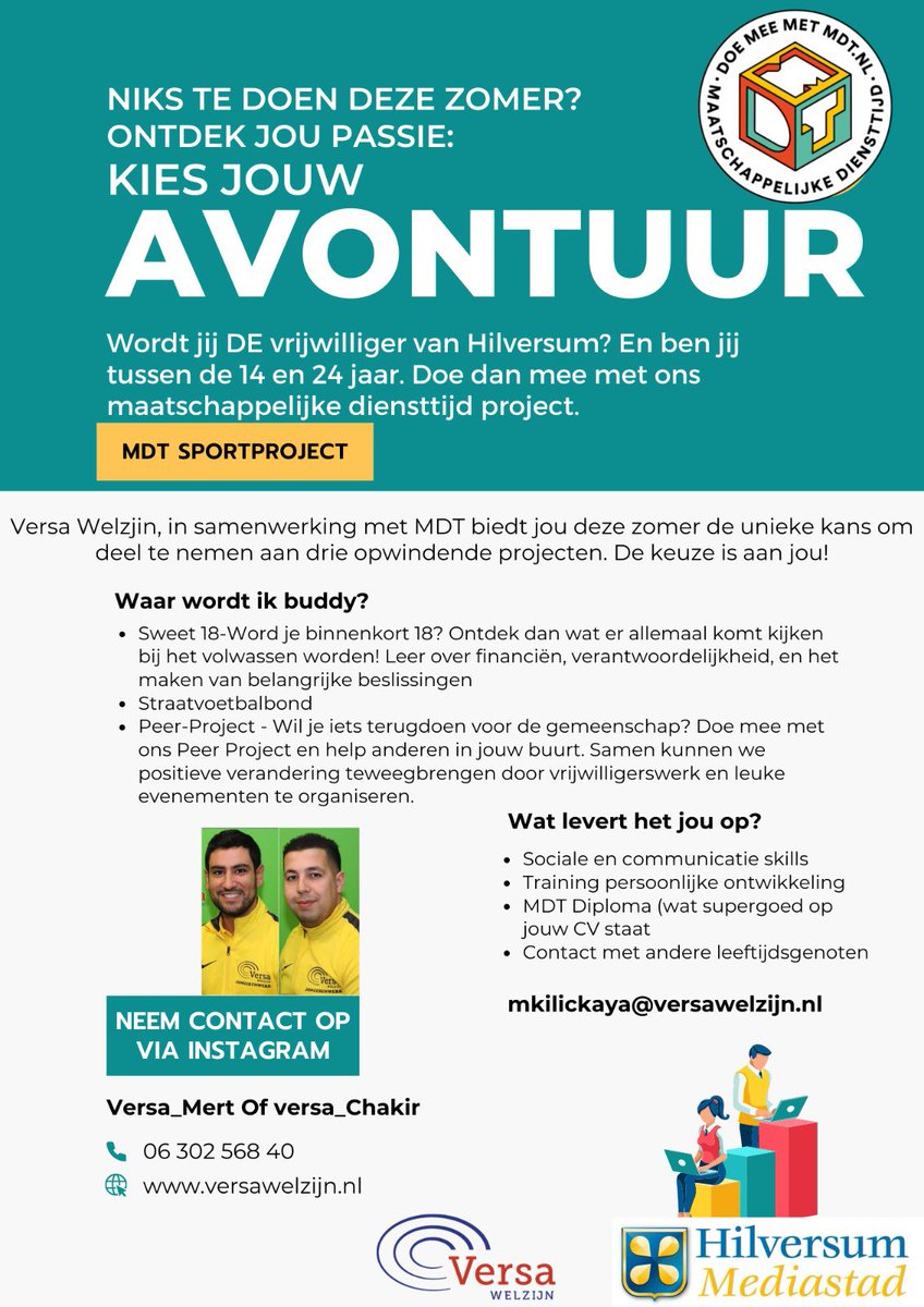 ChakirAmbulant1's tweet photo. 🌟 Wordt vrijwilliger bij het #MDT-traject van #Versawelzijn in Hilversum 🌟. Wat ga je doen? Doe mee als #vrijwilliger aan onze bijzondere projecten in #Hilversum : Sweet 18, Straatvoetbaltoernooi en Het BuddyProject. Sociale skills, training en een MDT Diploma wachten op jou! https://t.co/4L122K2tah