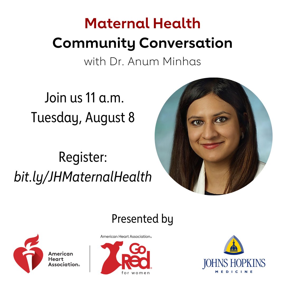 Heart disease is the No. 1 killer of new moms. Join @DrAnumMinhas of @HopkinsMedicine for an important conversation about maternal health, including risk for pregnancy-related complications and long-term cardiovascular health of both mom and child. spr.ly/6012Pw77K