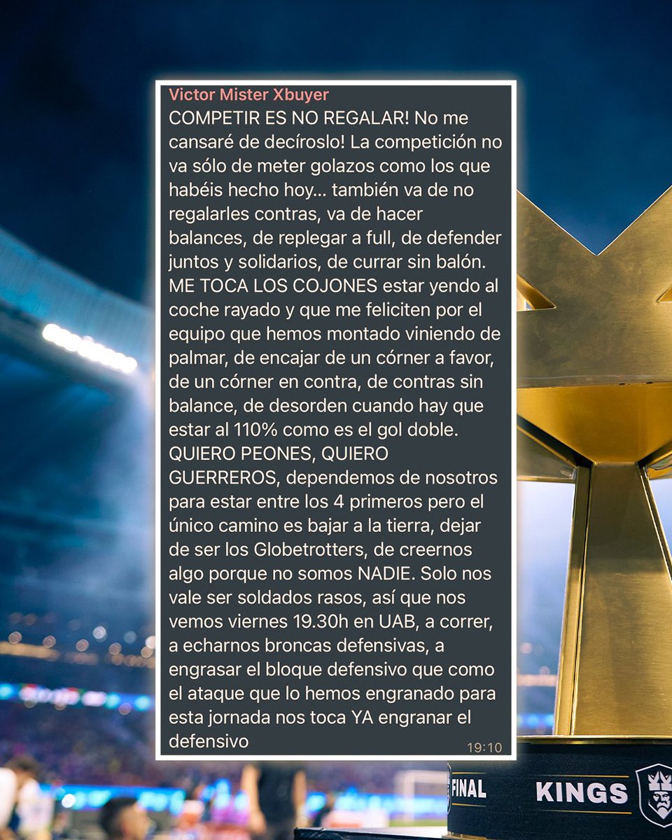 📝 Tras la derrota 🆚 <a href="/1kfutbolclub/">1K Fútbol Club</a> la plantilla recibió este mensaje por parte de <a href="/vicgr7/">Víctor González</a>.

Todos sabemos lo que pasó 24 días después 🏆