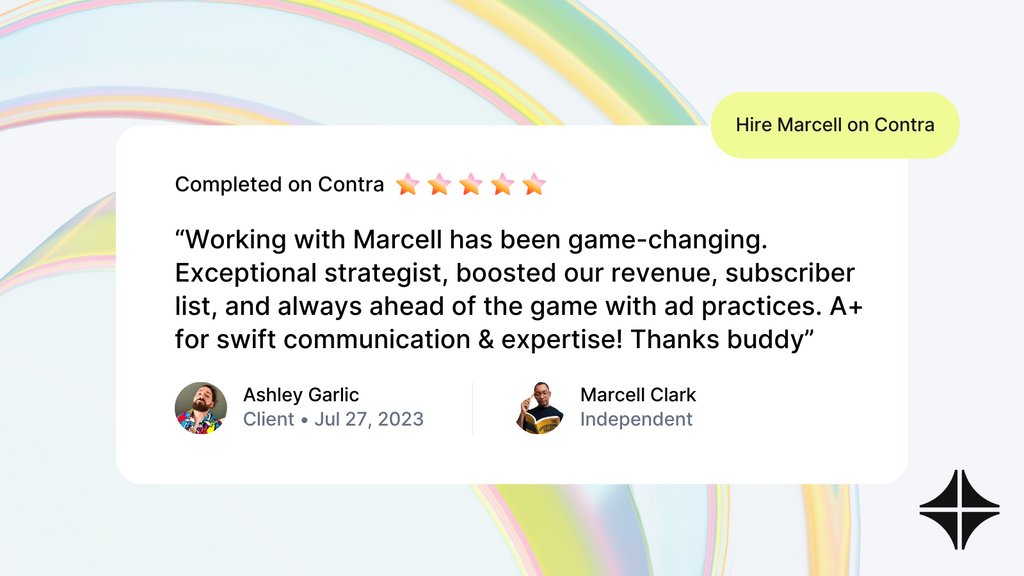 contra's tweet photo. What a combo! Ashley & Marcell 🔥
Hire Marcell on Contra: https://t.co/iYiNhlIQ6N
#anotherhappyclient #growthmarketer https://t.co/NLfNwhV5gf