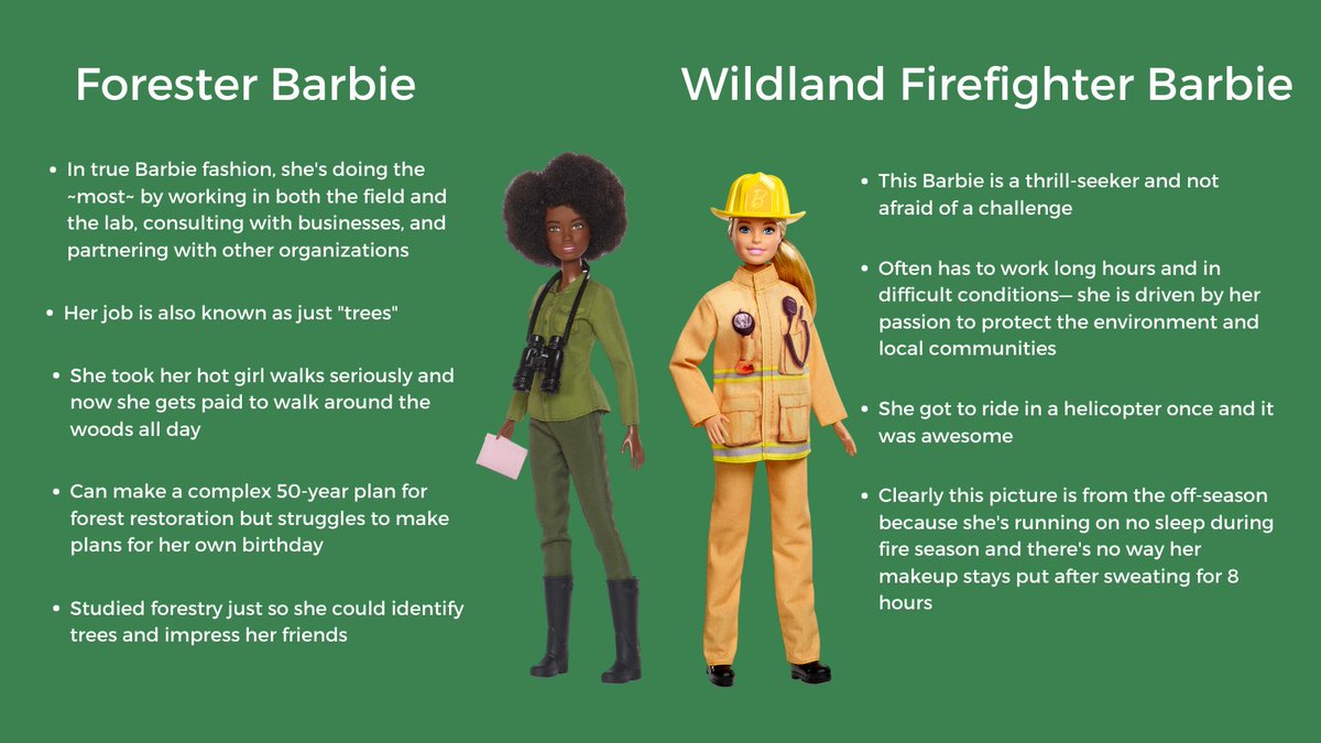 Come on, Barbie, let's go protect and manage forests! 🌳 

Barbie teaches young girls that they can be anything—so why not pursue a career in forestry? It's a lifetime investment in our planet, often with some of the most beautiful views in the world.