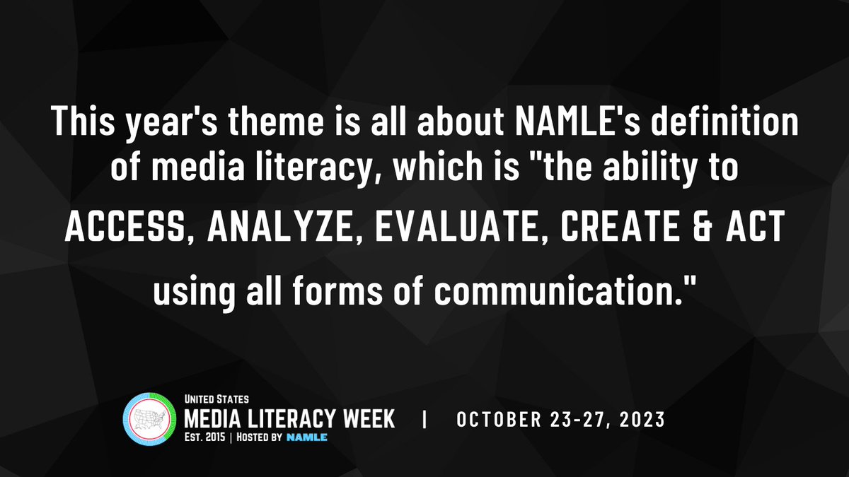 MediaLiteracyEd's tweet photo. The '23 #MediaLitWk theme focuses on #MediaLiteracy's definition 👇 The 5 elements are ideal for the 5-day school week! Educators, schedule time in your classroom on October 23-27 to join us in teaching and celebrating these critical 21st-century skills 👉 https://t.co/ExdKKQJbDX https://t.co/NBf16moxIF