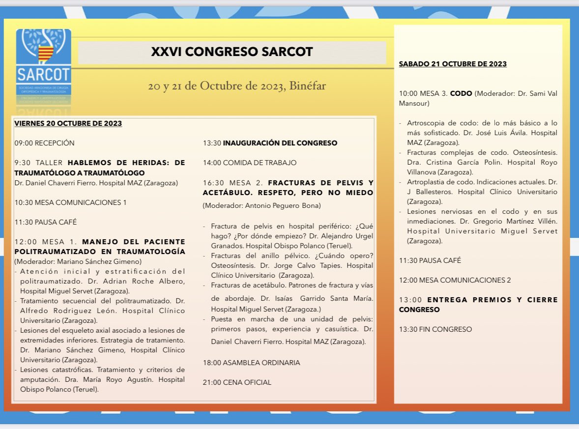 AragonSarcot's tweet photo. Ya disponible el programa del congreso XXVI de la Sarcot que este año se celebrará en Binéfar el 20-21 de octubre. Próximamente mas info e inscripciones en nuestra web. ¡Os esperamos! https://t.co/i1sUtcbgUM