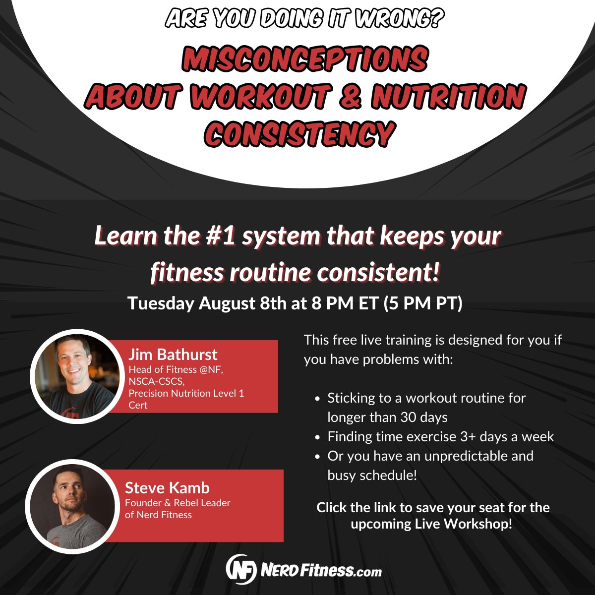 Struggling with workout &amp; nutrition consistency? Then our upcoming workshop is totally for you! Click the link here to save your seat. landing.nerdfitness.com/free-workshop-…