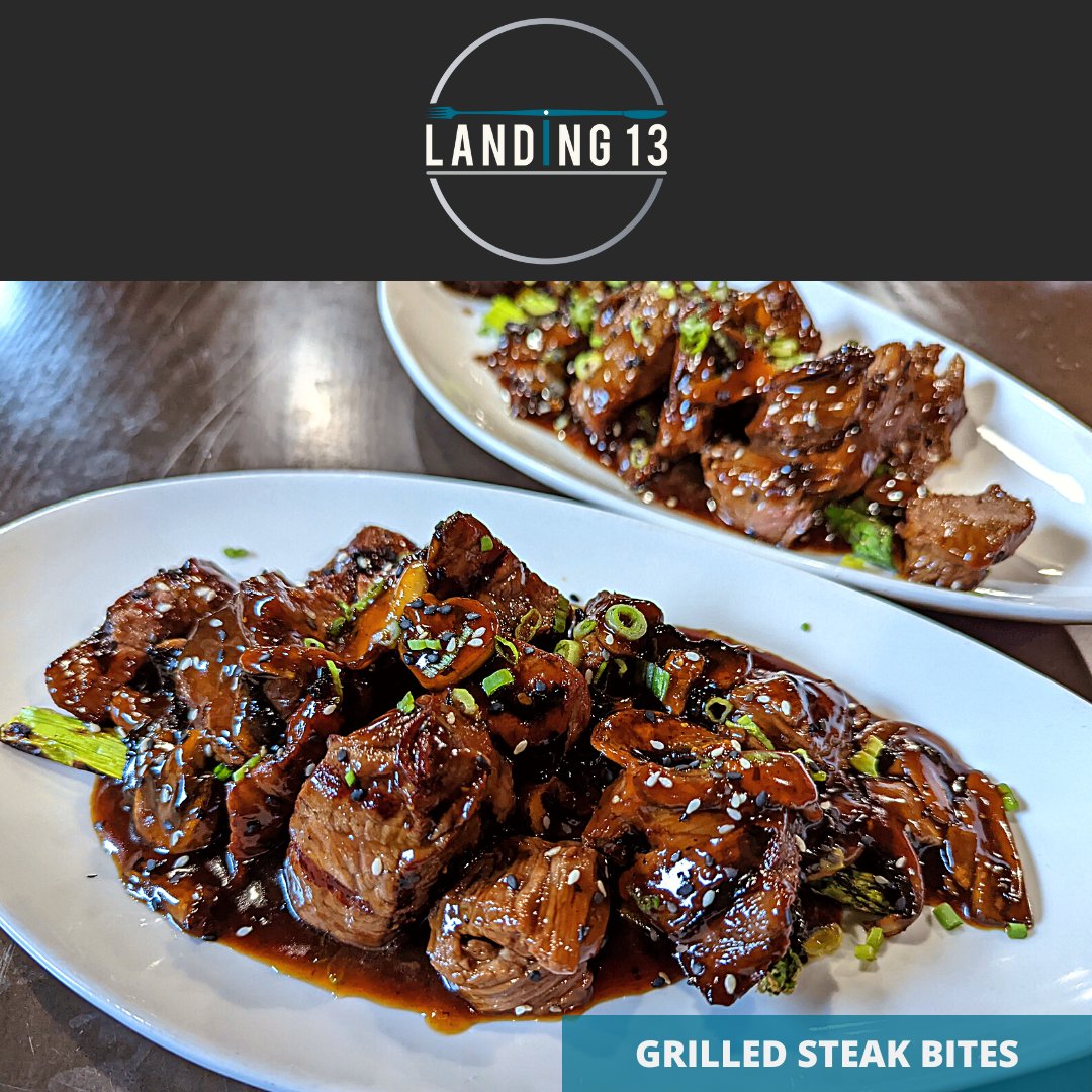 Come by today and take a bite of our popular Grilled Steak Bites.  Marinated sirloin steak on top of a bed of sautéed mushrooms and asparagus, drizzled with a teriyaki sauce.

#Landing13
#Porterville
#GrilledSteakBites
#Steak
#SteakBites
