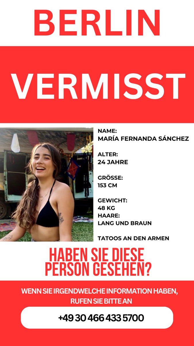 Aviso 📢 🇩🇪

Aún buscamos a Maffy, una joven mexicana que desapareció en Berlín el 22 de julio. Su familia lanza esta
convocatoria para acompañarlos y exigir que se encuentre a María Fernanda sana y salva.

Abajo más detalles 👇