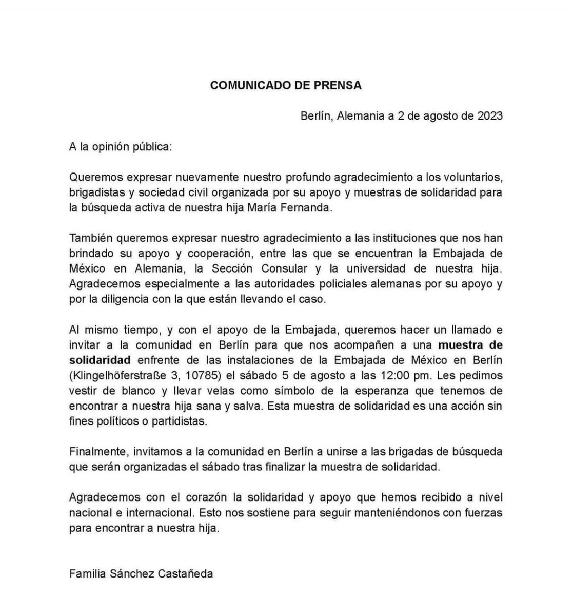 marianaliru's tweet photo. Aviso 📢 🇩🇪

Aún buscamos a Maffy, una joven mexicana que desapareció en Berlín el 22 de julio. Su familia lanza esta
convocatoria para acompañarlos y exigir que se encuentre a María Fernanda sana y salva.

Abajo más detalles 👇 https://t.co/hForyDbHCh