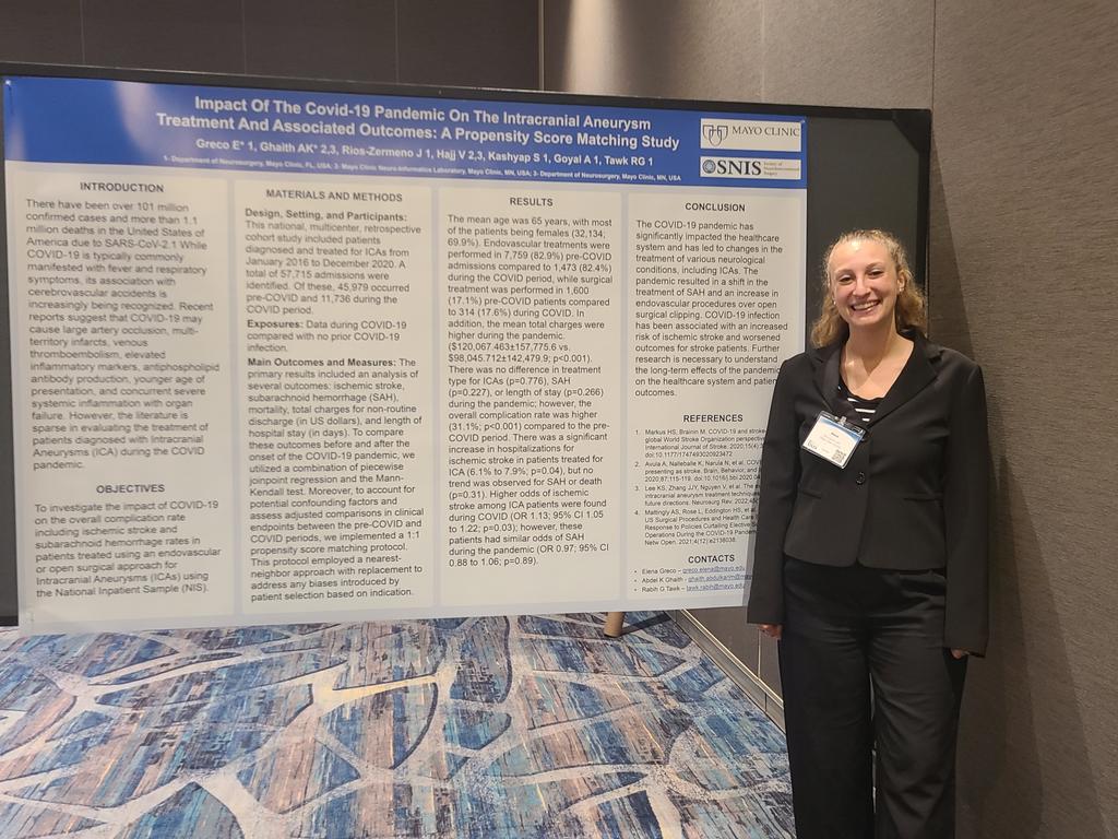 Elena Greco (@elenagreco_11) on Twitter photo "Impact of COVID-19 on Intracranial Aneurysm Treatment and Outcomes" at #SNIS2023 ! <a href="/abdul_ghaith/">Abdul Karim Ghaith,MD,PhD</a> <a href="/JorgeRios_MD/">Jorge Rios Zermeno MD</a> <a href="/skashyap41/">Samir Kashyap</a> <a href="/RabihTawkMD/">Rabih Tawk</a> <a href="/MayoRadiology/">Mayo Clinic Radiology</a> <a href="/MayoClinicNeuro/">Mayo Clinic Neuro</a> "Impact of COVID-19 on Intracranial Aneurysm Treatment and Outcomes" at #SNIS2023 ! <a href="/abdul_ghaith/">Abdul Karim Ghaith,MD,PhD</a> <a href="/JorgeRios_MD/">Jorge Rios Zermeno MD</a> <a href="/skashyap41/">Samir Kashyap</a> <a href="/RabihTawkMD/">Rabih Tawk</a> <a href="/MayoRadiology/">Mayo Clinic Radiology</a> <a href="/MayoClinicNeuro/">Mayo Clinic Neuro</a>