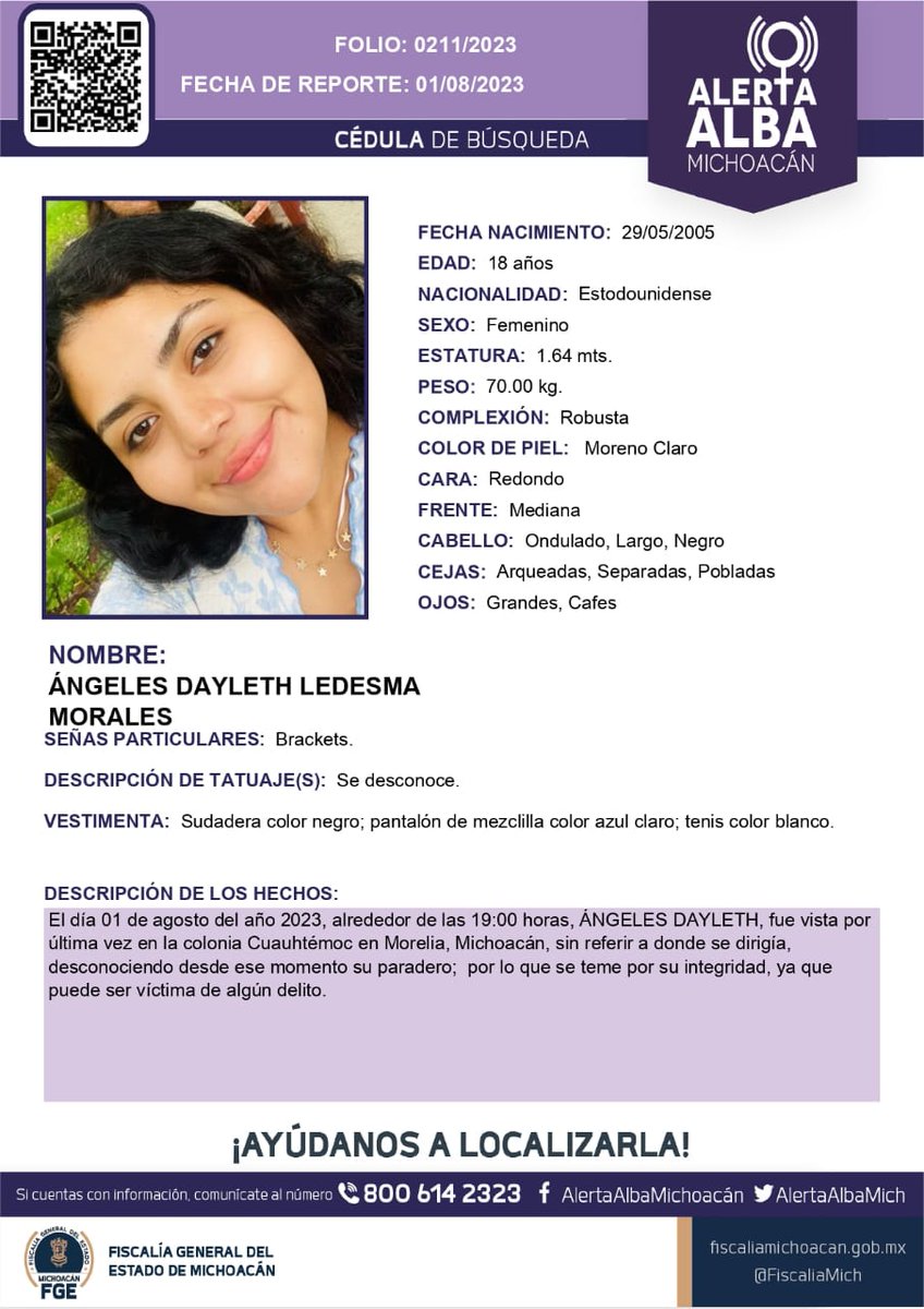 Solicitamos su apoyo para la búsqueda y localización de ÁNGELES DAYLETH LEDESMA MORALES de 18 años de edad. #Comparte #AlertaAlba #AlertaAlbaMichoacán #AyúdanosAEncontrarla #FGEMich #AlertaAlbaMichoacán
BotDesaparecidx