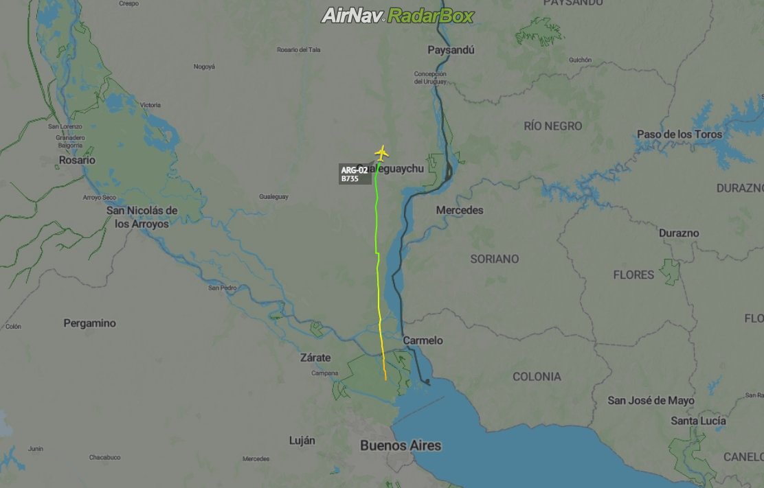 Modo_S_'s tweet photo. 🛰️Boeing 737-5H6 #ARG02 (Agrupación Aérea Presidencial) Ruta: Aeroparque (AEP) - Posadas (PSS) Callsign #Presi01 USS 8.500 
@RadarBoxCom https://t.co/ASE2t8BQ6Z