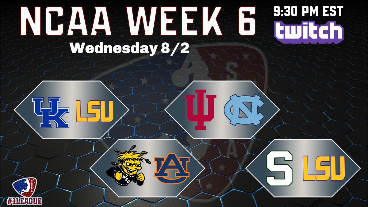 We have more Week 6 action tonight with Kentucky v LSU, Indiana v UNC, Wichita State v Auburn and MSU v LSU.  Tune into Twitch at 9:30pm est and join the live chat.  #1League <a href="/TGA_Media/">TGA</a> <a href="/iNetworkSports/">iNetwork</a> <a href="/SupportingStre3/">Network GG</a> <a href="/CaveaIO/">CAVEA</a> <a href="/MiMi_Iink/">MiMi ®</a> <a href="/JerkyProEsports/">JerkyPro eSports</a> twitch.tv/sgba2kleague