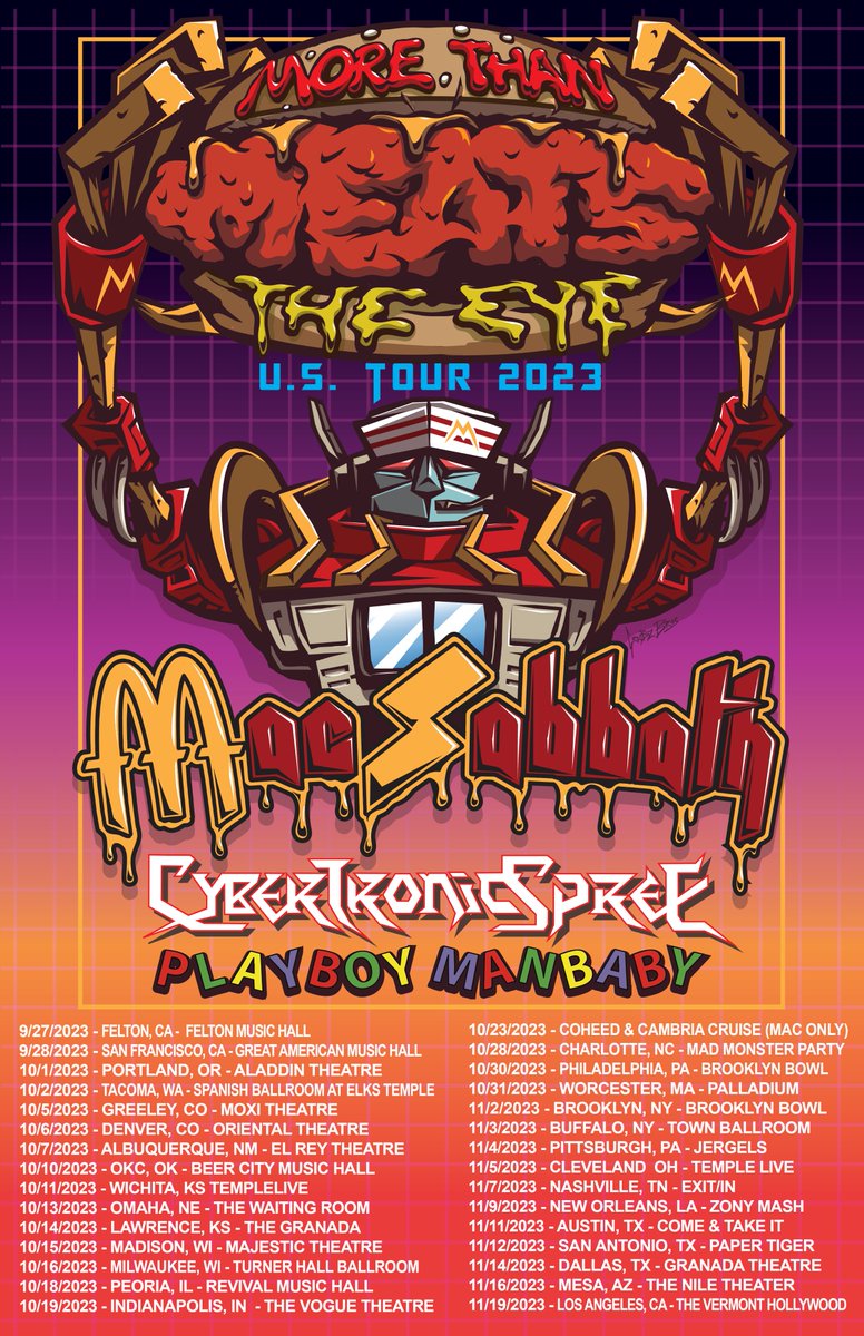 MacSabbath's tweet photo. THE MIGHTY MAC IS BACK with our biggest circus ever! This tour is #MORETHANMEATSTHEEYE!
@MacSabbath @cybertronicband @PlayboyManbaby
ON SALE FRIDAY 10AM PST More info and merch at https://t.co/SjOQGu43B6 #macsabbath #thecybertronicspree #playboymanbaby #macsabbathtour2023 https://t.co/2misks8kTA