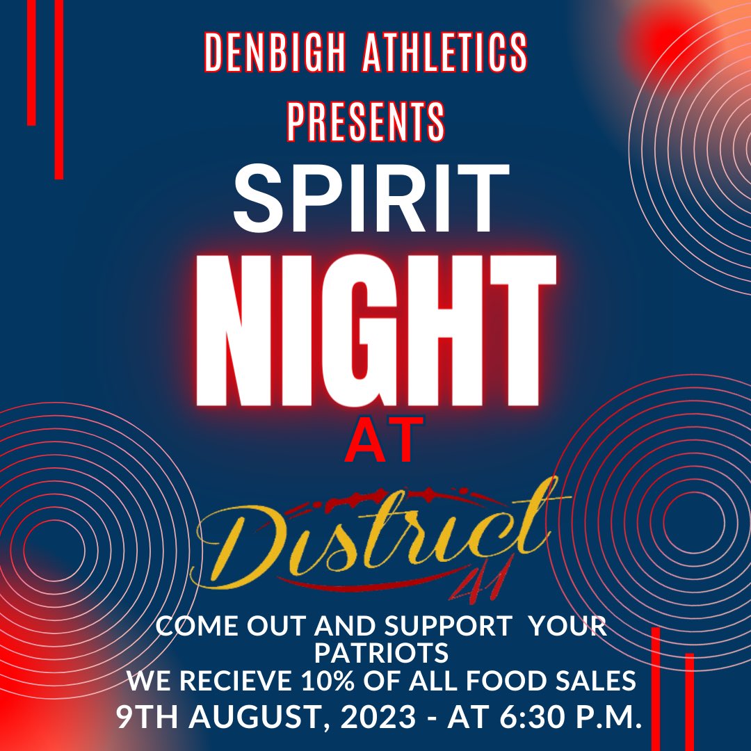 Kick off the DHS fall athletic season at 🔥DISTRICT 41🔥 on Wed August 9th with great food from 5:00 - 8:00p.m  Tell them you are supporting DHS athletics and football they will donate 10% to our programs! 🔴🔵