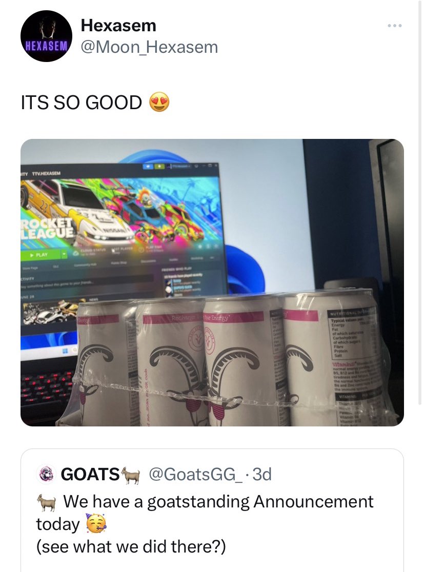 GoatsGG_'s tweet photo. Our Goats are absolutely loving their @hornygoatdrinks 👾

With Great Power comes Great Gaming &amp; The Teams are keeping Healthy &amp; Hydrated  🎮

Head over to https://t.co/ou4MS0mspd to grab yours now 💝 

#GoatsGG #GOAT𓃵 #Esports #Gamers #twitchcommunity https://t.co/3qDlrzitHW