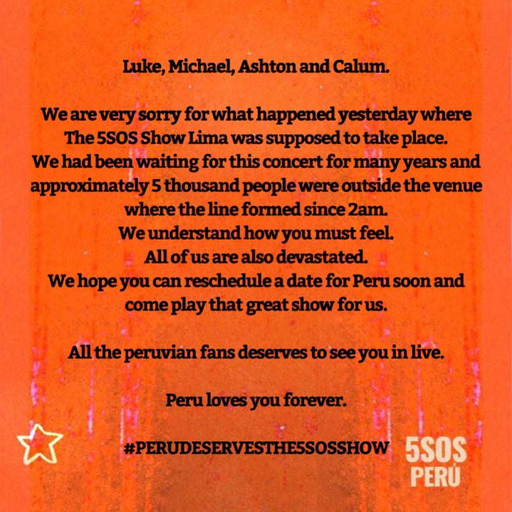 5SOSPeru's tweet photo. To: @5SOS @Luke5SOS @Michael5SOS @Ashton5SOS @Calum5SOS 🇵🇪❤️

From all 5SOS Peru fam. https://t.co/IhRqi4ZnXW