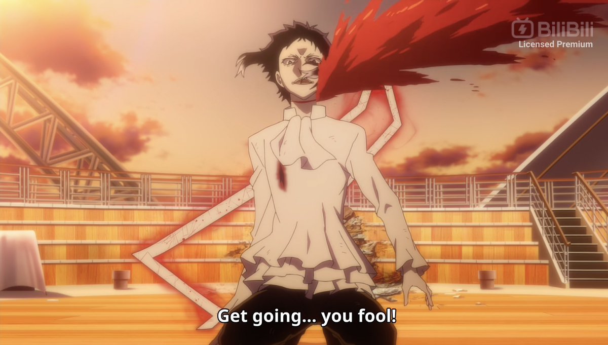 nocturnaIumine's tweet photo. the anime scene makes it seem like akutagawa is angrily rushing atsushi away and calling him a “fool” or dumb for not immediately rushing off. in the manga it’s a sad scene with a soft smile encouraging atsushi to leave him behind &amp; not to worry about him https://t.co/Ld6dnqkLsP