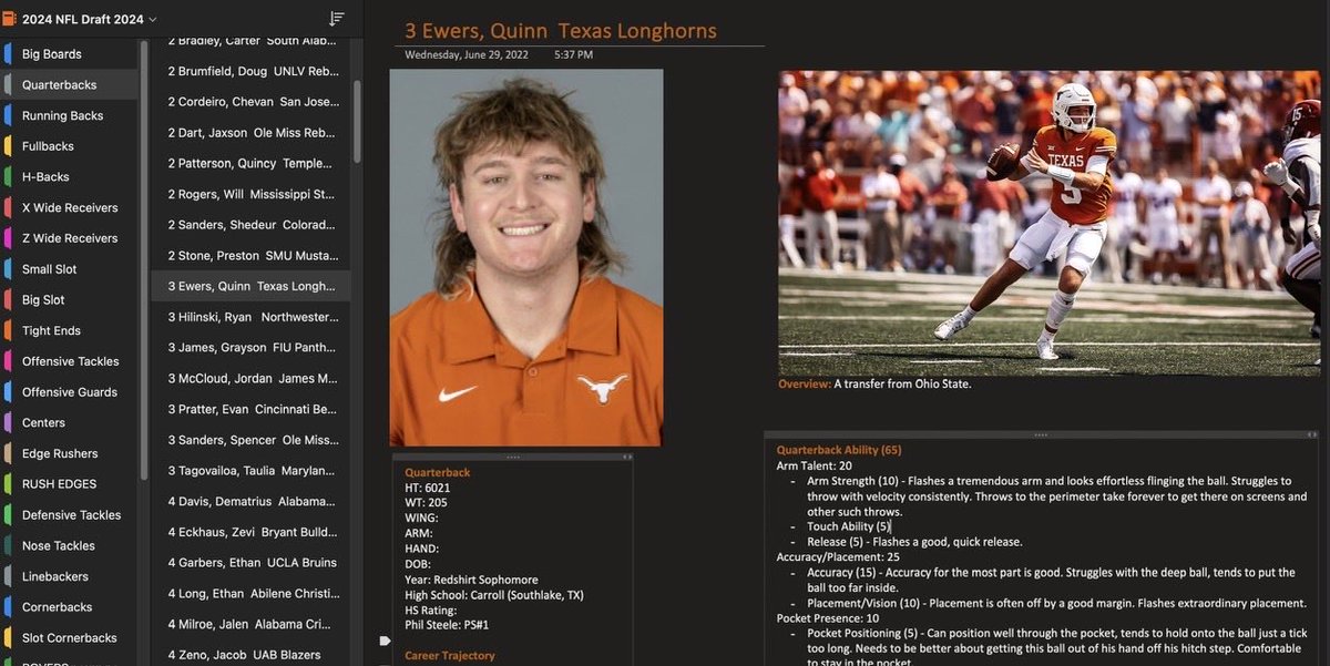 New to the Draft Guide (Available for $40 - DM me for details)

- The 2024 Preseason Board
- Live 2024 Big Board (Updated throughout the season)

At the end of the season, a big board with all grades for prospects.

Available for any device!