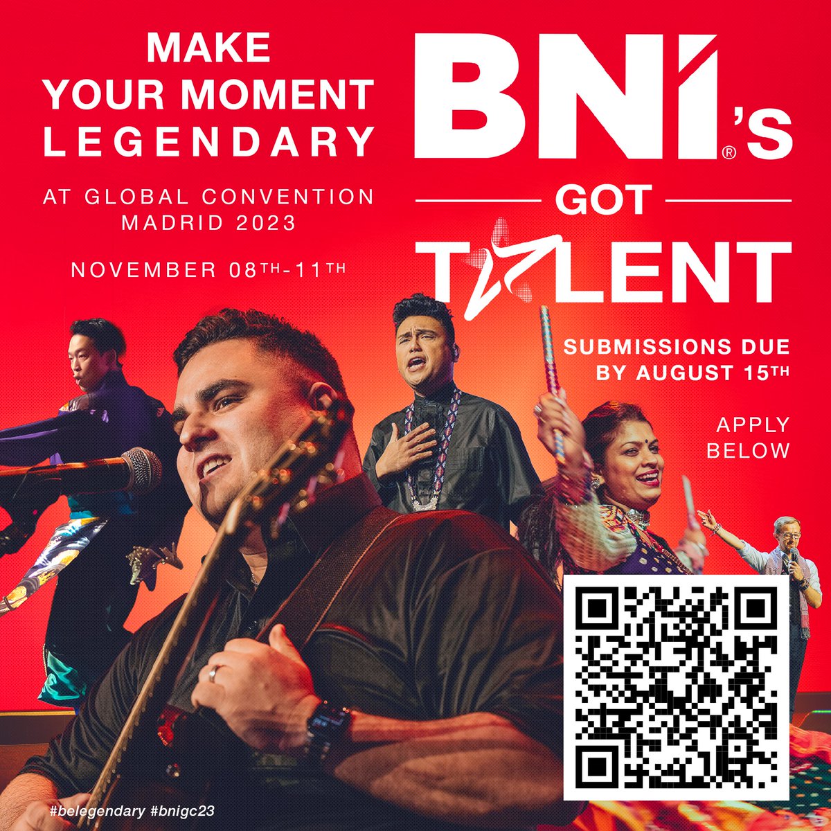 It's time! Show your talents at this year's Global Convention in Madrid. Submissions for BNI®'s Got Talent are due by August 15th! Scan the QR Code to apply.

#BNI #BeLegendary #BNIGC23 #BNIGlobalConvention
